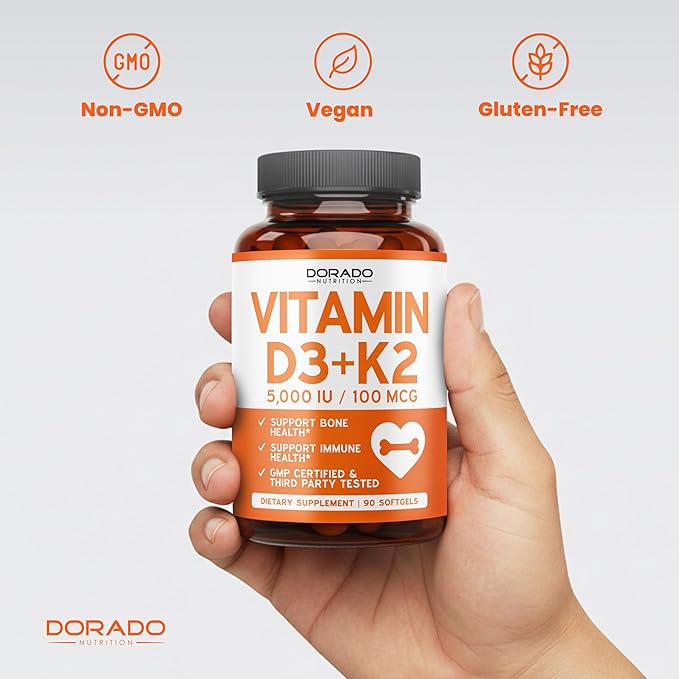 Supplément Vitamine D3 K2 (180 Gélules) Vitamine D3 K2 5000 UI/100 mcg - Supplément avec D & K - Soutient la Santé des Os et du Système Immunitaire pour Adultes - Végétalien, Sans OGM, Testé par un Tiers - Fabriqué aux États-Unis - 180 Comprimés
