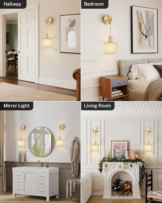 SAIMAND Battery Operated Wall Sconce Set of 2, Wireless Rechargeable Wall Lights with Remote Control, 9 Colors Dimmable LED Lamps, Modern Cordless Sconces for Bedroom Living Room Hallway(Gold)