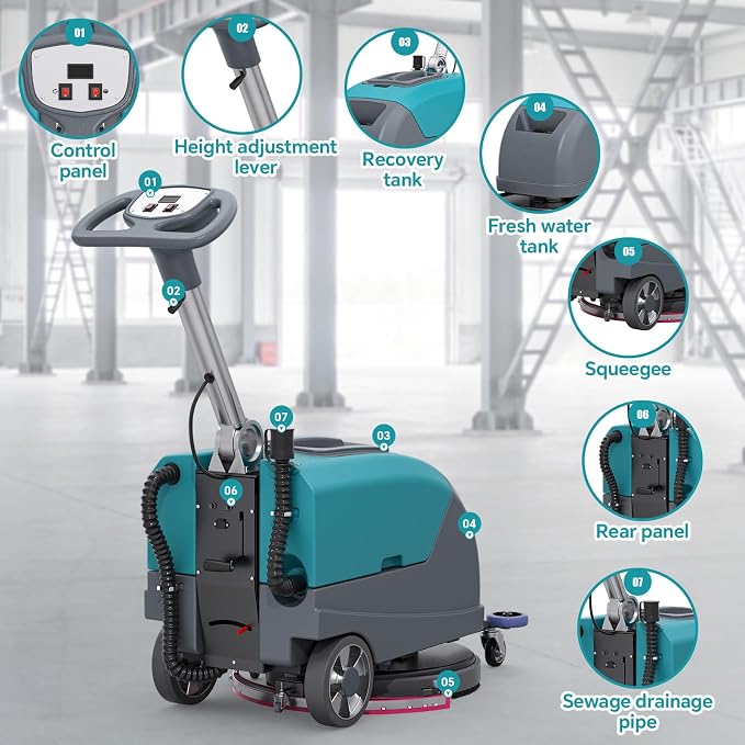 C5 16" Walk-Behind Commercial Floor Scrubber Machine, 500W Motor | 11 Gal Recovery Tank | 24" Suction Width | Brush Speed 200 RPM | 24,000 Sqft/h Coverage | Complete Set of Parts