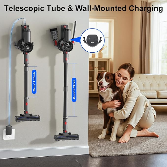Cordless Vacuum Cleaner, 45KPA Powerful Stick Vacuum with LED Display Design, Tangle-Free Brush, Self-Standing, HEPA Filter, for Pet Hair, Carpet, Hardwood - Black