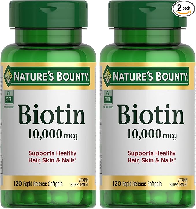 Nature's Bounty Biotin Hair Skin and Nails Vitamins, Supports Healthy Hair, Skin and Nails, 10,000 mcg, 120 Softgels (Pack of 2)