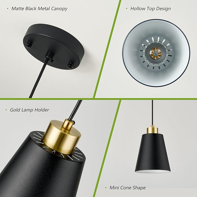 Matte Black Mini Pendant Light 7.87in Cone Kitchen Island Pendant Lighting with Gold Modern Hollow Shade Hanging Light Fixture for Kitchen Dining Room Bar 63" Adjustable Cord, 1 PCS