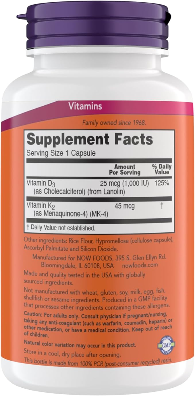 Now Supplements ビタミンD3 K2、1,000 IU/45 mcg、循環器サポート、骨の健康をサポート、180植物性カプセル - ヴィーガン、グルテンフリー、コーシャ