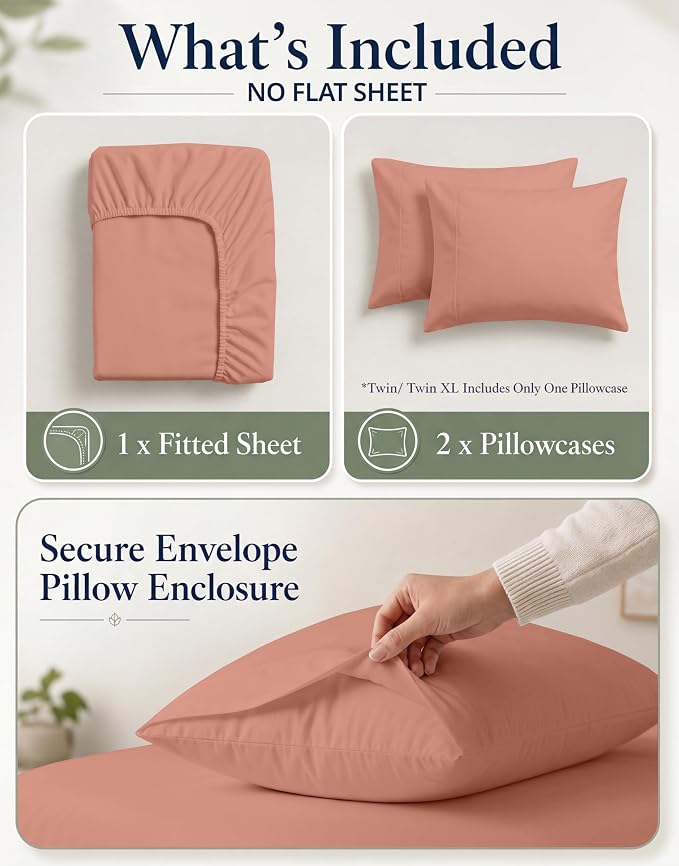 LANE LINEN 100% Organic Cotton Queen Size Fitted Sheet Only (+Pillowcases) 3-Piece Set Soft & Comfy Hotel Style Percale Weave Fully Elasticized Deep Pocket Queen Fitted 15" Deep - Rose Dawn