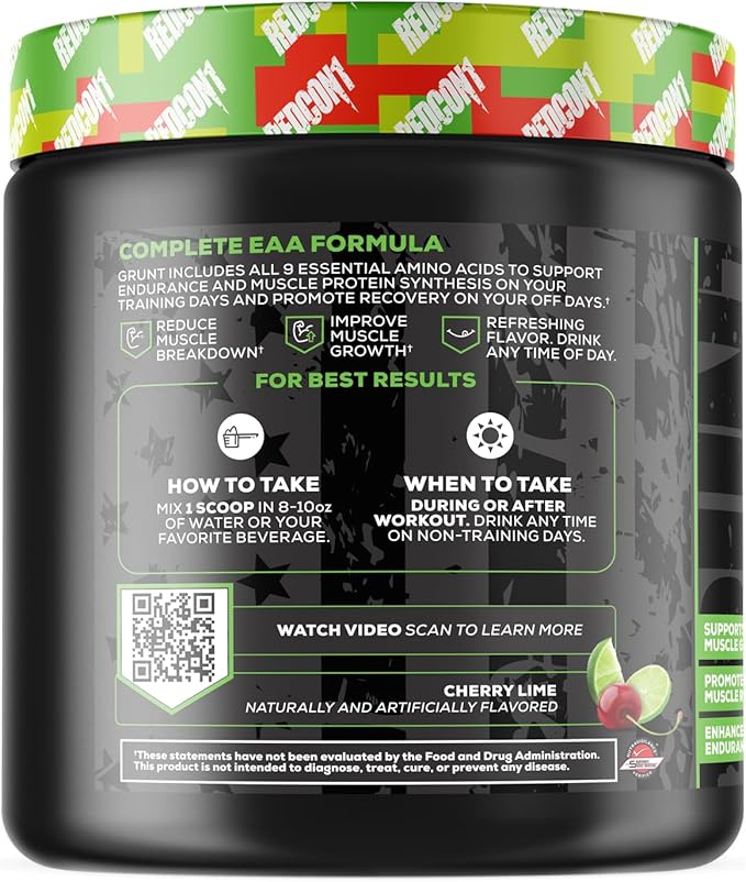 REDCON1 Grunt EAAs, Cherry Lime - Sugar Free, Keto Friendly Essential Amino Acids - Post Workout Powder Containing 9 Amino Acids to Help Train, Recover, Repeat (30 Servings)