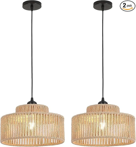 Rattan Pendant Light Set of Two,12.6 Inch Boho Kitchen Island light Fixtures,Handmade Woven Hanging Lamp,Wicker Small Chandelier,Coastal Hanging Lights for Bedroom Kitchen Restaurant Hallway Foyer