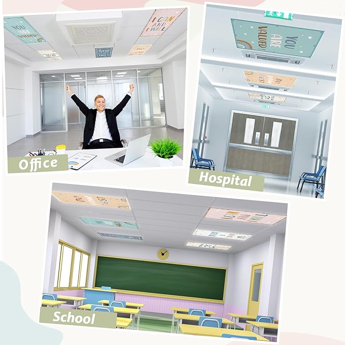 12 Pcs Fluorescent Light Covers with 120 Magnets Decorative for Classroom Ceiling Light 4 x 2 Feet Magnetic Light Covers Filter Easy Install for Office Home Drop Ceiling Supplies(Boho Inspirational)
