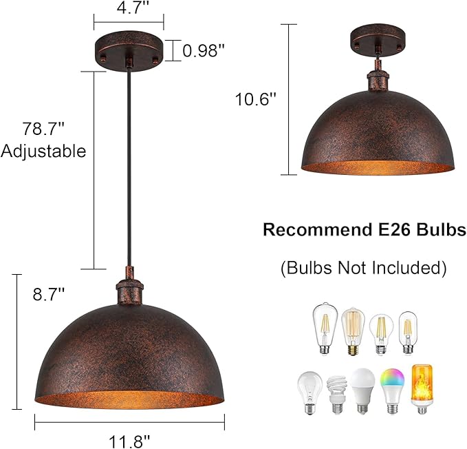 11.8” Industrial Metal Dome Pendant Light, Rust Industrial Pendant Lights for Kitchen Island, Dimmable Hanging Light Fixtures Compatible for Kitchen Island, Dining Room