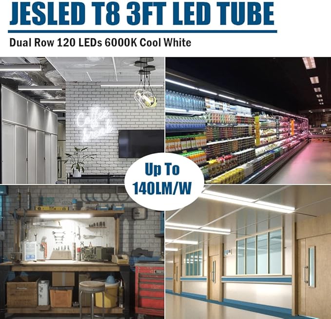 JESLED T8 LED Type Tube Light 3FT, 2520LM, 18W(45W Equivalent), 6000K, Ballast Bypass, 36 Inch F30T12 Fluorescent Bulb Replacement, Dual Ended, 36” Lighting Tube Fixture (12-Pack)