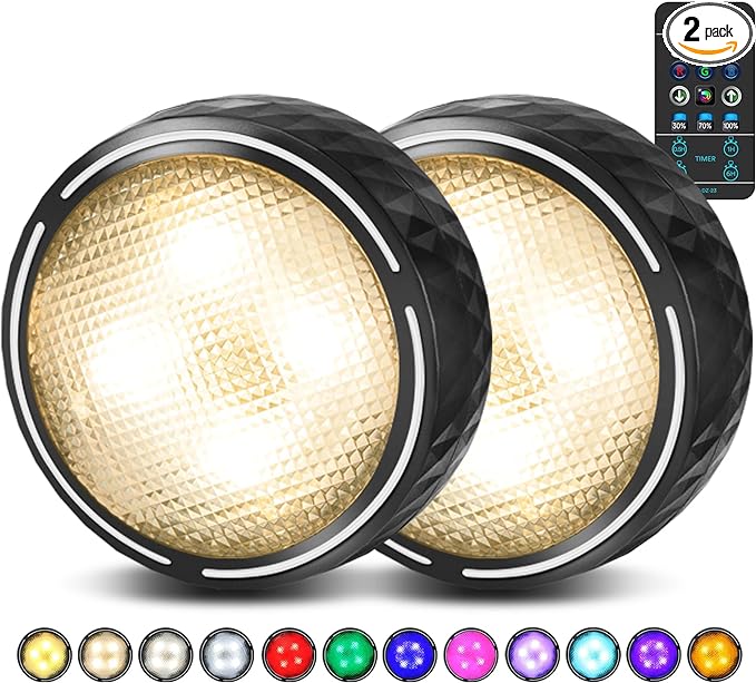 TECOMLIGHT LED Puck Lights with Remote Control, Battery Operated Wireless Closet Lights, Under Cabinet Lighting Stick on Tap Push Light, Color Changing Under Counter Light for Kitchen, 2 Pack - Black