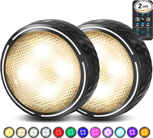 TECOMLIGHT LED Puck Lights with Remote Control, Battery Operated Wireless Closet Lights, Under Cabinet Lighting Stick on Tap Push Light, Color Changing Under Counter Light for Kitchen, 2 Pack - Black