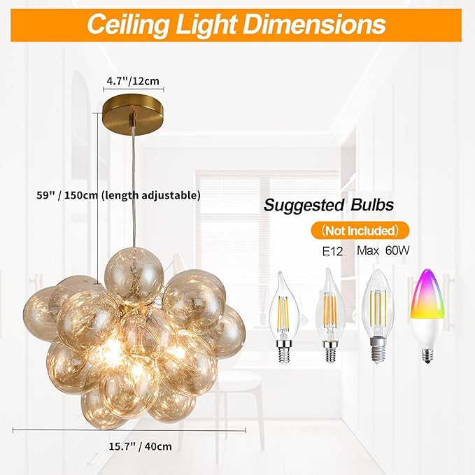 Surpars House Cognac Bubble Ball Chandelier, Modern Glass Ceiling Light, 4 Lights Pendant Lighting Fixture for Bedroom,Livinng Room,Dining Room