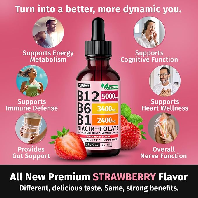 (Lot de 4) Vitamines B12 et B6 liquides, complexe de vitamines B12 sublinguales - Vitamine B12 5000mcg - Méthylcobalamine B12 pour l'énergie, le cerveau et le soutien cardiaque avec 27 200 mcg, Fraise, 80 portions