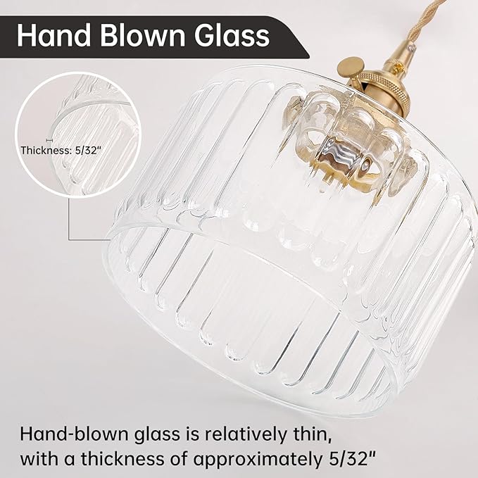Shenmoyl Plug in Pendant Light Hanging Light Fixtures with Plugin Cord On/Off Switch,Clear Striped Glass Lampshade Brass Pendant Light