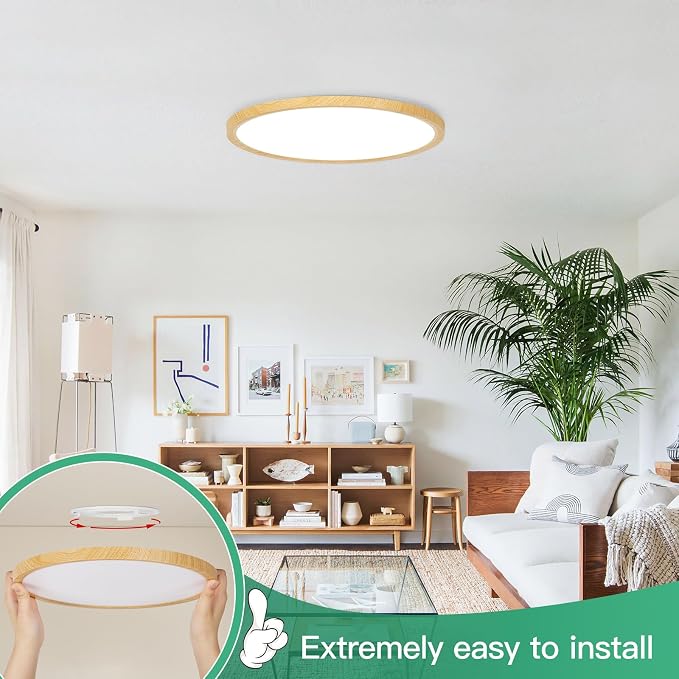 Brightever 2 Pack LED Flush Mount Ceiling Light Fixture, 12 Inch 24W, Super Slim 0.67 Inch 3200LM LED Ceiling Lights Wooden Color, Dimmable & 2700K-6500K 5 Color in One Ceiling Lamp for Office
