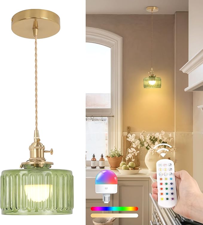 Shenmoyl Battery Operated Pendant Light 5000mAh Rechargeable Chandelier with Remote Control Wireless Adjustable Hanging Green Striped Light for Kitchen Island Dining Room Hallway