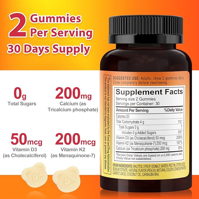 ビタミンD3 K2 グミ (カルシウム配合) 2000 IU D3 & 200 mcg K2 & 200 mg カルシウム、砂糖不使用、骨の健康をサポートするビタミンサプリメント、120粒