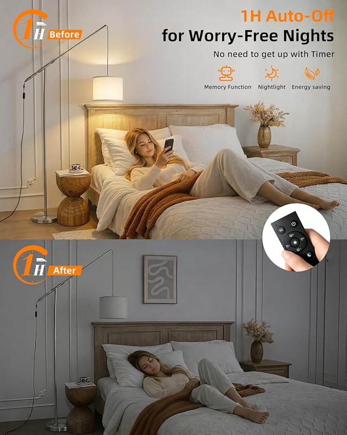 Arc Floor Lamp for Living Room, Dimmable Standing Lamp with Remote, Brightness & Color Temp Adjustable, Height Adjustable Arched Reading Light with LED Bulb, Black Tall Pole Lamp for Bedroom, Office