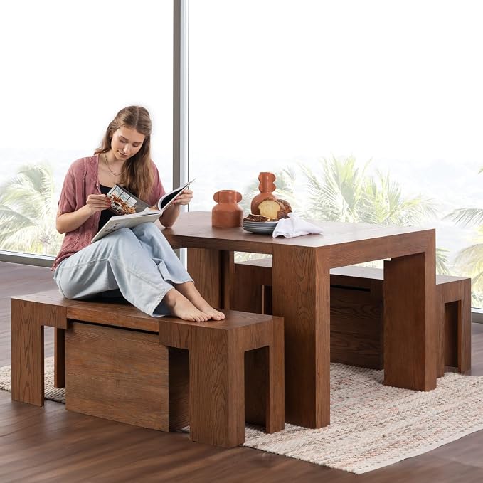Transformer Table - Solid Wood Extendable Dining Table, Seats 2-12, Expandable Dining Room Table, Space-Saving Furniture, Kitchen and Dining Room Furniture (Brown, Table + 2 Benches)
