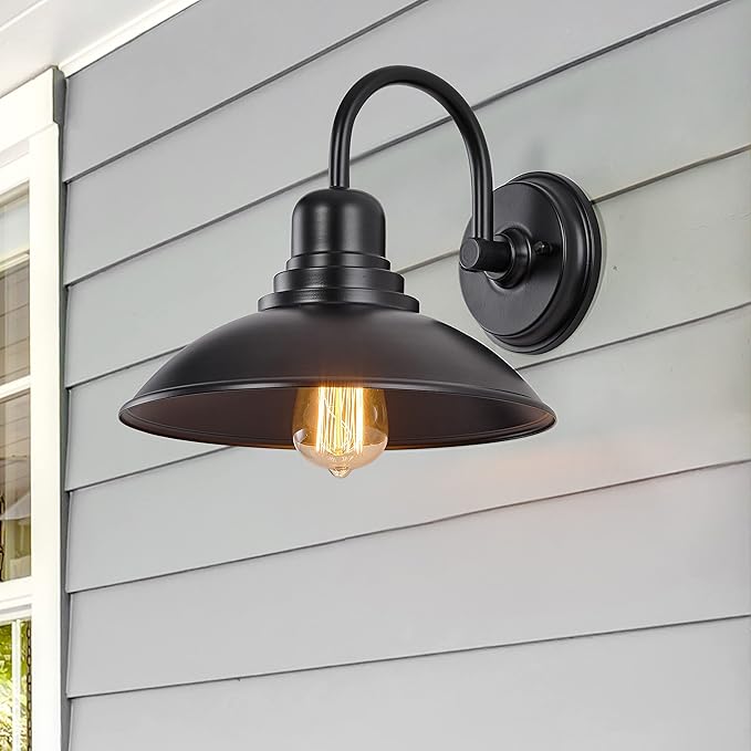 GOLDHILL Black Gooseneck Outdoor Barn Light, Farmhouse Vanity Lights with E26 Based Socket, Round Exterior Lights for House Garage Bathroom Bedroom