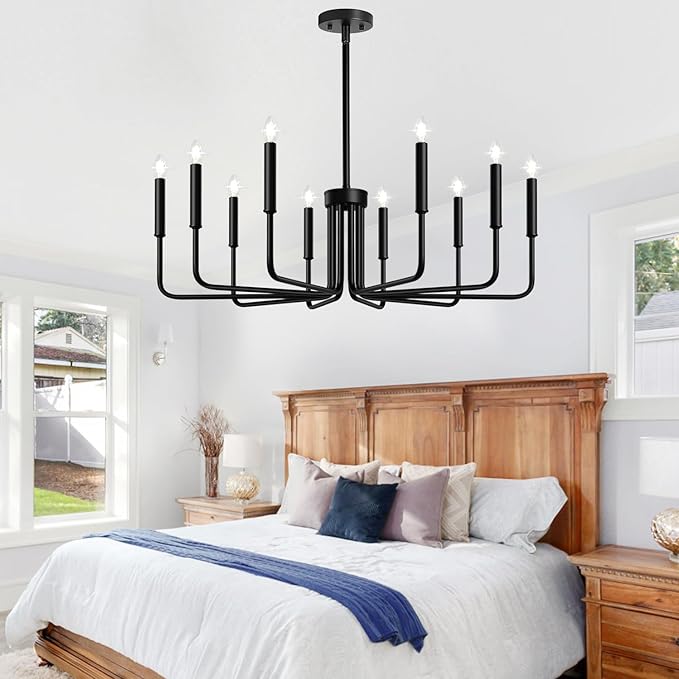 Lynnoland Black 10-Light Chandelier, Farmhouse Chandeliers for Dining Room Lighting Fixtures Hanging, Vintage Candle Pendant Light Fixtures Chandelier for Bedroom, Foyer and Living Room