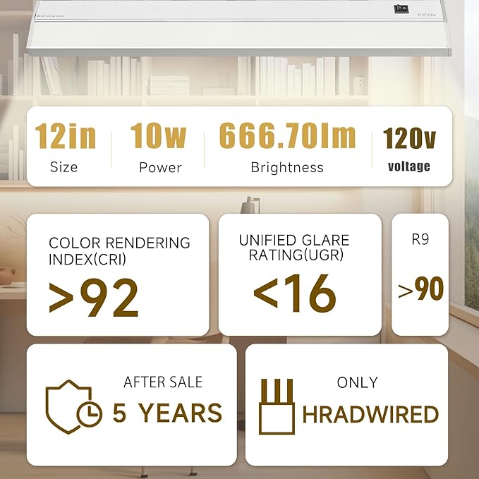 Ansen Hardwired Under Cabinet Lighting, 12in 10W LED Light for Kitchen/Closet, 666.7lm, CRI>92, R9>90, Dimmable, 5 Color Temperature, 2700K-5000K(Warm White, Cool White, Daylight)