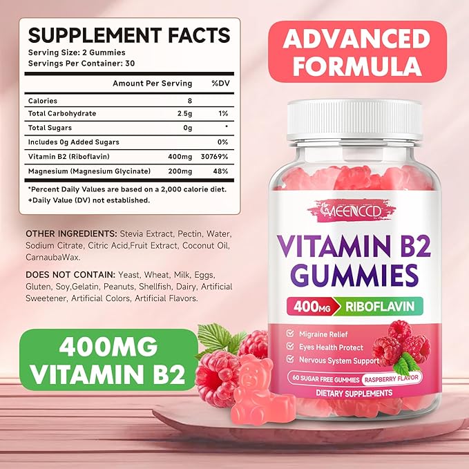 Gummies Vitamine B2 MEENCCD Riboflavine 400mg avec Magnésium pour Enfants et Adultes, Gummies B2 pour le Soulagement de la Migraine et le Soutien du Système Nerveux, Végétalien, Sans Sucre, Arôme Framboise, 60 Comprimés
