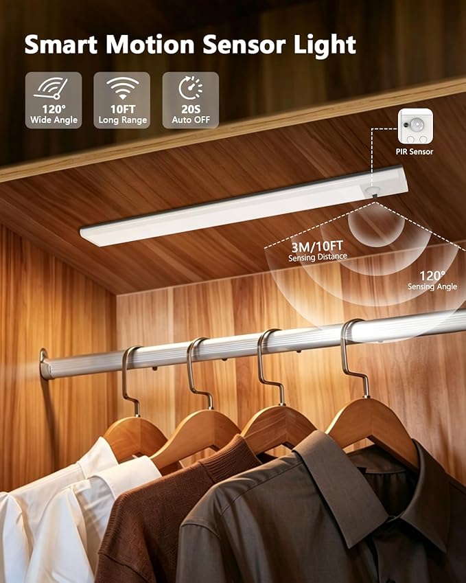 long-stars Motion Sensor Under Cabinet Lighting, 1500mAh Rechargeable RGB Light Bar with Remote, 15 Colors Dimmable LED Night Light, Timer & Wireless for Kitchen Counter, 4 Pack