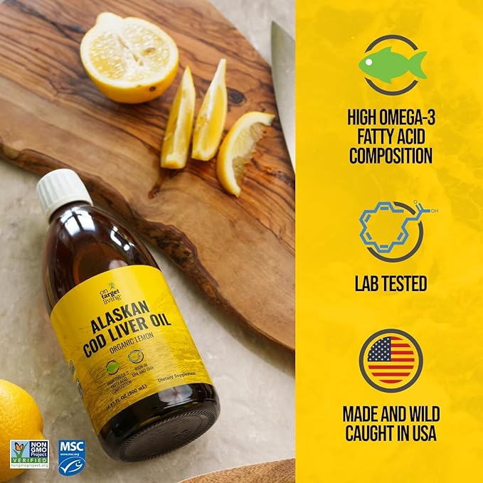 Huile de Foie de Morue Liquide On Target Living Alaskan | Saveur Citron Bio 493 ml | Pêche à la Ligne aux États-Unis | Vitamine D Naturelle | Riche en Oméga 3 DHA/EPA | Certifié Projet Sans OGM
