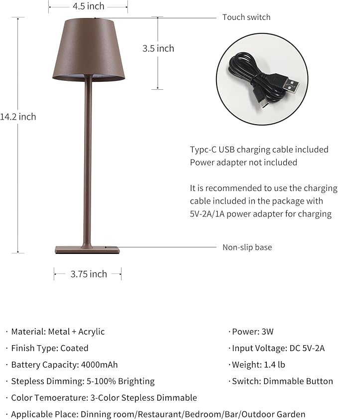 KDG 2 Pack Cordless Table Lamp,Portable LED Desk Lamp, 4000mAh Battery Operated, 3 Color Stepless Dimming Up, for Restaurant/Bedroom/Bars/Outdoor Party/Camping/Coffee Shop Night Light(Brown)