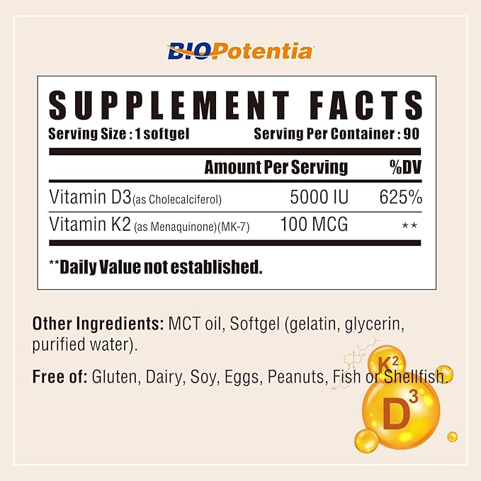 Complément de Vitamine D3 K2 (MK7) en Gélules, Vitamine D3 5000 UI & K2 100 µg avec Huile MCT, Soutien Immunitaire, Santé des Os & Dents, Sans Gluten, Non-OGM | 90 Gélules