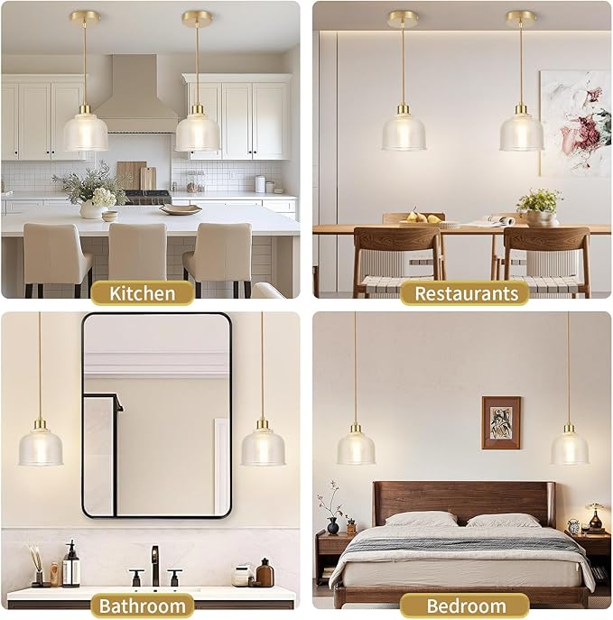 WimiSom 2Pack Industrial Pendant Lighting, Modern Clear Glass Shade Farmhouse Adjustable Hanging Light Fixtures for Kitchen Island Living Room Bedroom Hallway Gold and Clear