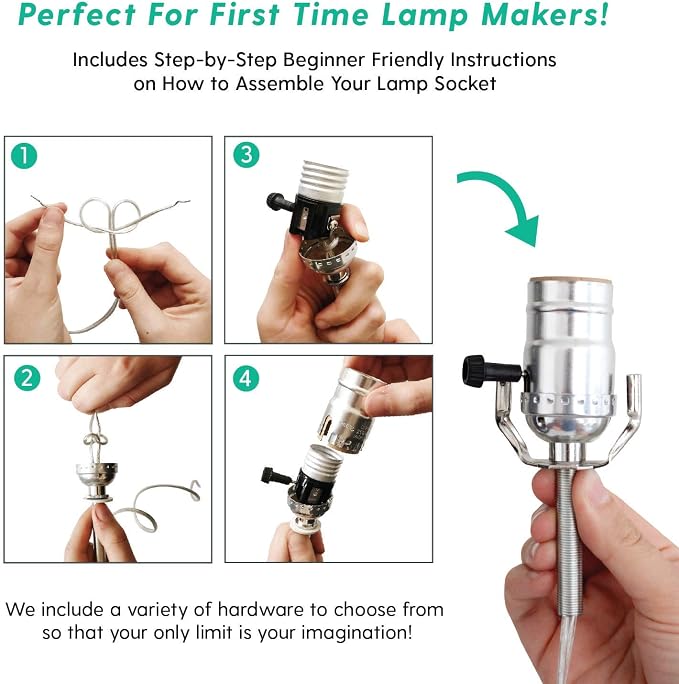 DIY Lamp Wiring Kit, Silver Socket & 8FT Silver Cord (2 Pack), for Making & Fixing Table or Floor Lamps, Repair & Rewire Antique or Vintage Lighting Fixtures, Complete Hardware Set