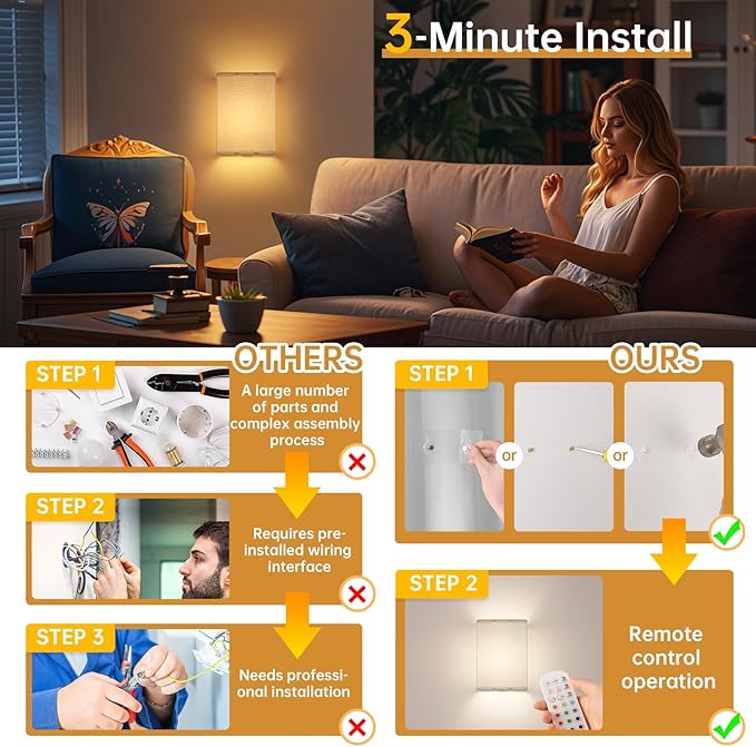 Shenmoyl Adhesive Battery Operated Wall Sconce Set of 2, 6000 mAh Battery Rechargeable Bulb with 12 RGB Colors, Stick on Cuboid Wall Sconce No Drill Wall Lights, Linen