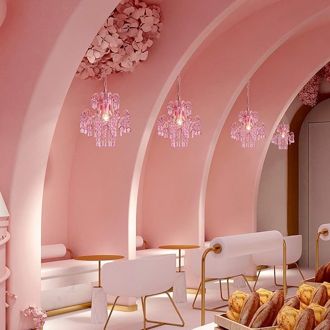 Q&S Mini Crystal Chandelier, Modern Pink Chandelier,Small Hanging Light Fixture for Princess Room Dressing Room Bathroom Clothing Store Salon W11.8 1 Light E26. UL Listed