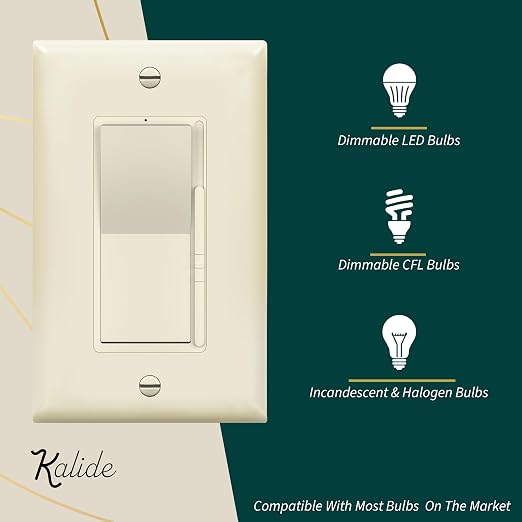 TOPGREENER Kalide Dimmer Light Switch, LED Dimmer Switch, Full Range Dimming, Single Pole/3-Way, 120VAC, 60Hz, 300W LED/CFL, Neutral Wire Not Required, Wall Plate Included, Light Almond, 2 Pack