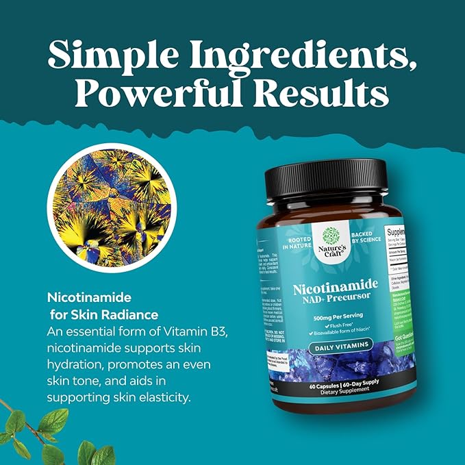 Vitamine B3 Niacinamide 500 mg Gélules - Énergie Mitochondriale et Puissant Complément pour la Peau - Vitamine B3 Niacine Sans Flush et Nicotinamide 500 mg - Complément Niacine Sans Flush - 60 gélules