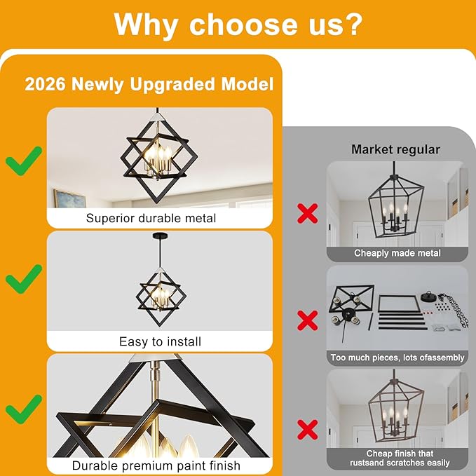 18" Modern Chandelier for Dining Room, No Assembly Required 4-Light Dining Room Light Fixture Over Table, Industrial Hanging Pendant Lights for Kitchen Island, Entryway, Foyer (Black+Brushed Nickel)