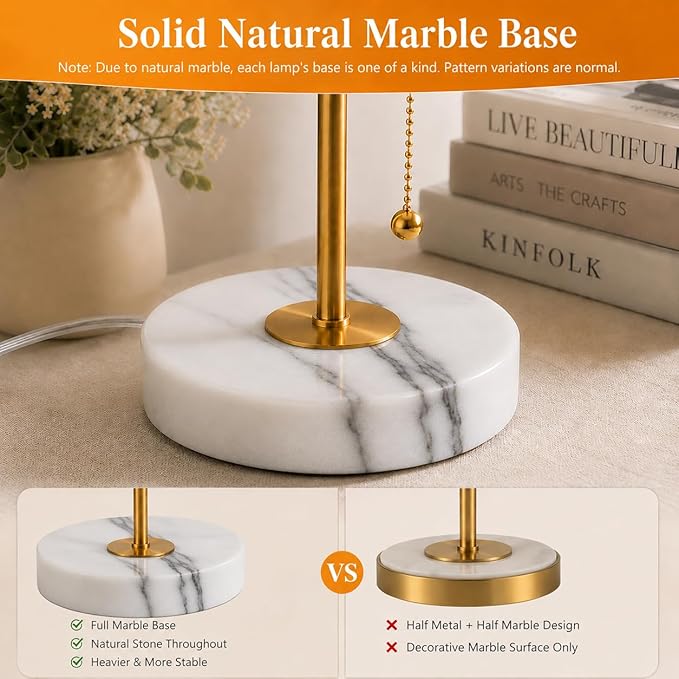 JUNNAI Table Lamps Set of 2, Gold Bedside Lamps, 3 Way Dimmable Nightstand Lamps with Marble Base & Linen Shade &Pull Chain,18.5 Inches Tall Skinny Desk Lamps for Bedroom Living Room(Bulbs Included)