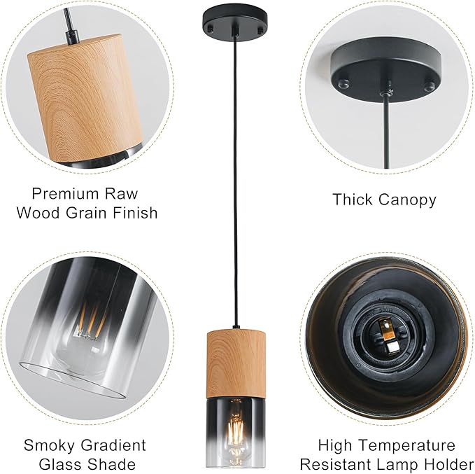 Modern Pendant Lights for Kitchen Island, Adjustable Black Pendant Light Fixtures with Brown Wood Grain, Industrial Glass Pendant Lights for Dining Table Hallway Bedroom Living Room,1 Pack
