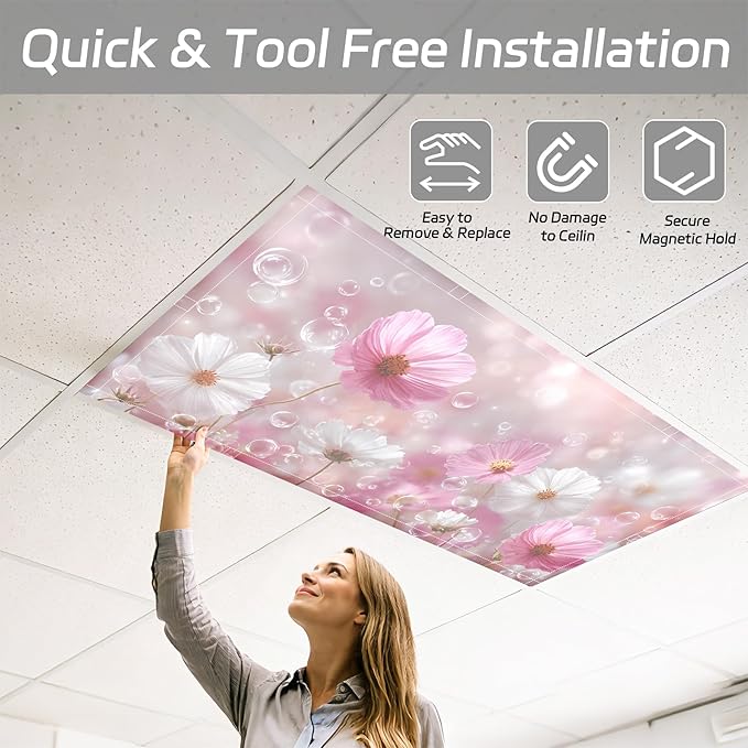 4 Pack 2x4 FT Magnetic Fluorescent Light Covers, Ceiling Light Filters for Classroom Office Home Hospital, Easy Install Decorative Drop Ceiling Panels