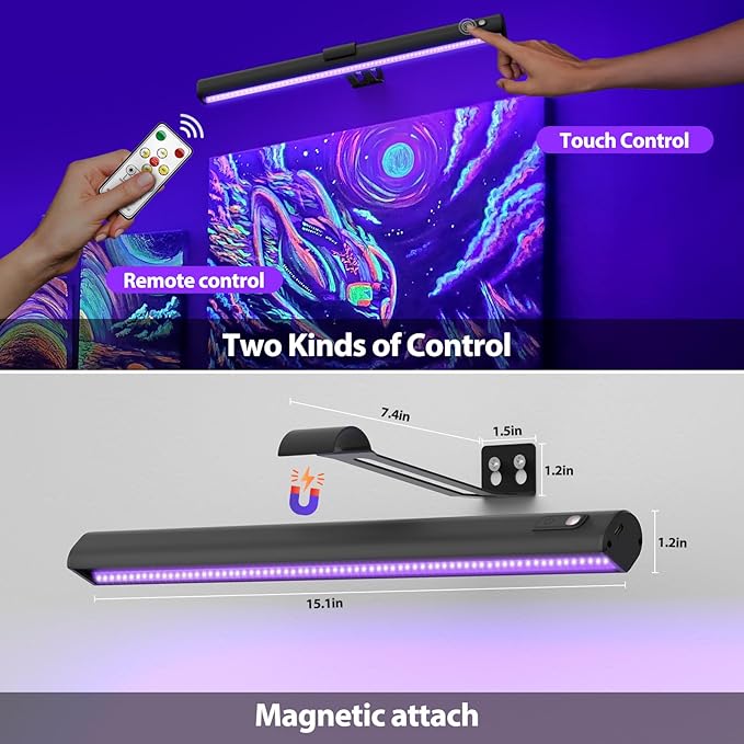 Onforu Black Light for Blacklight Tapestry,15'' Rechargeable Blacklight Picture Light with Remote, 4000mAh Black Light Bar for Fluorescent Poster, Glow in The Dark Party, Bedroom Decor, Party, 2 Pack