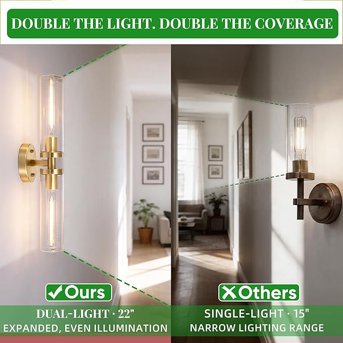 Wall Sconces 2-Pack, Hardwired Bathroom Light Fixtures, Modern Farmhouse Vanity Wall Lighting with Clear Glass Shades, E26 Base Wall Sconce Wall Lights for Bathroom Wall Decor, Gold