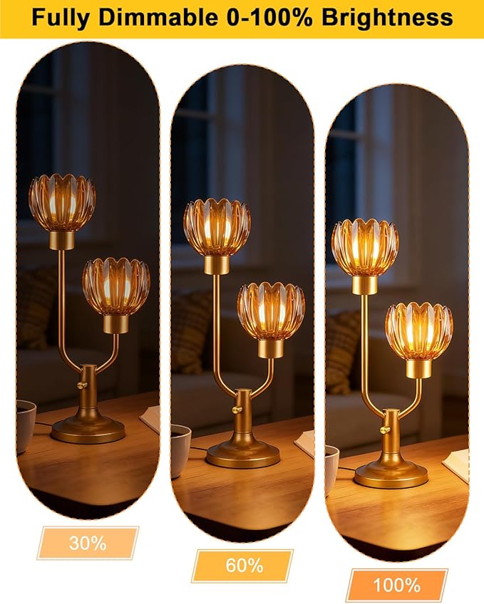 Lightdot Mid Century Modern Flower Table Lamp Dimmable Nightstand Lamp Amber Glass Vintage Gold Desk Lamp 2 Bulbs Included Warmwhite Ambient Bedside Lamp for Bedroom Living Room Home Office Decor Gift