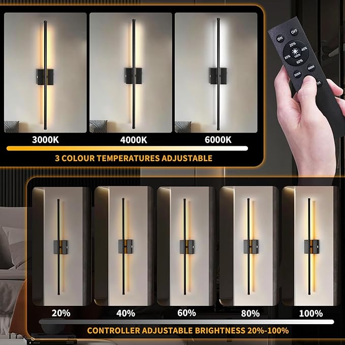 15800 mAh Battery Operated Wall Sconces with Remote Control, Dimmable Wall Sconces Set of Two 3000K LED Matte Black and Brass Gold Wireless Wall Light Battery Powered Cordless Rechargeable Wall Lamps