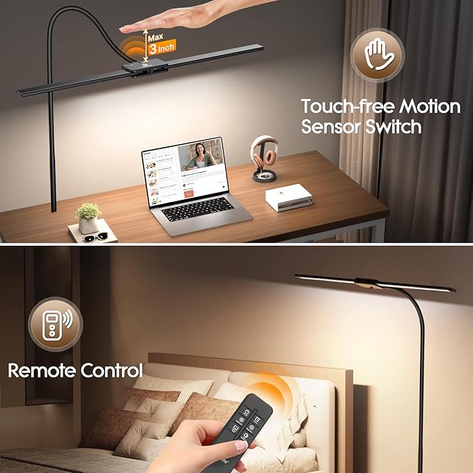 Syrinx LED Floor Lamp, 18W 2000LM Bright Reading Floor Lamp for Office, Gesture & Remote Control, Dual Head Goose-Neck Standing Lamp, Dimmable Brightness & Color Temp, Eye Caring Light for Living Room