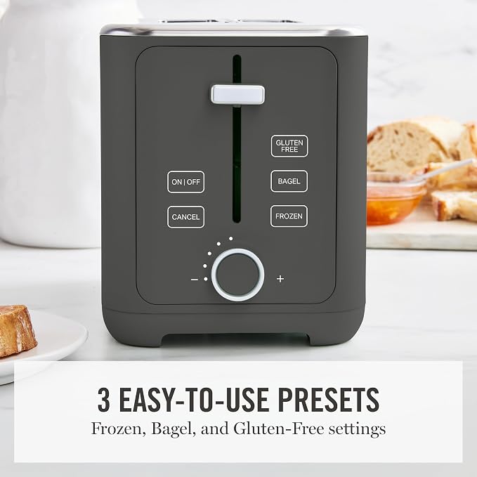 Martha Stewart 2 Slice Toaster, 10 Shade Settings with Defrost, Cancel, Bagel & Gluten-Free, Extra-Wide Self-Centering Slots for Waffles & Artisan Bread, Removable Crumb Tray, Cord Wrap, Caviar Gray
