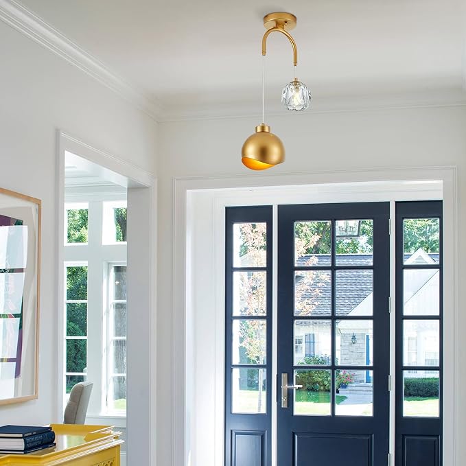 2 - Light Modern Pendant Light with Crystal Accent, Gold Pendant Light Hallway, Unique Hanging Light Fixture for Entryway Bedroom Kitchen Island