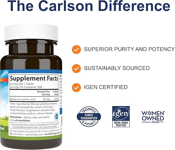 Carlson - Niacine, 50 mg, Favorise le métabolisme du cholestérol, la production d'énergie, la santé cardiaque, la fonction nerveuse, 300 comprimés