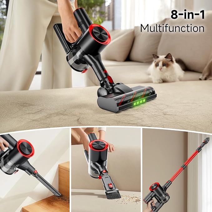 Cordless Stick Vacuum Cleaner, 40Kpa Powerful Suction Vacuum Cleaner with LED Headlight, Detachable Battery, 8-in-1 Lightweight Handheld Vacuums for Pet Hair Carpet and Hardwood Floor, Red